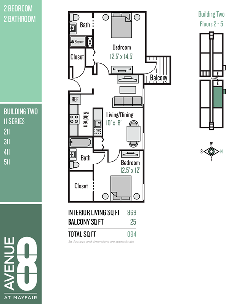 Floor plan for 2 beds, 2 baths, 869 sqft